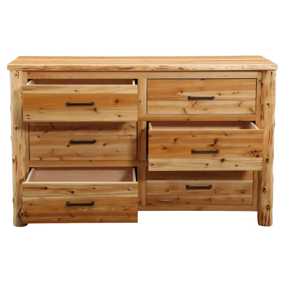 Fireside Lodge Cedar Log Headwaters Six Drawer Dresser shown from the front with multiple drawers pulled open
