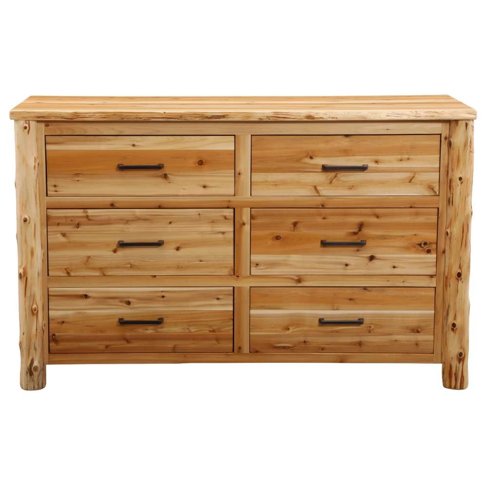 Fireside Lodge Cedar Log Headwaters Six Drawer Dresser shown from the front with six drawers and metal handles