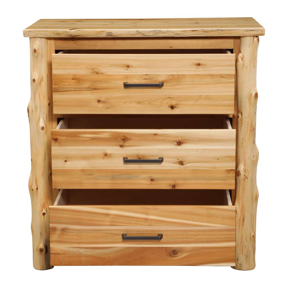 Fireside Lodge Cedar Log Headwaters Three Drawer Chest is shown from the front with drawers partially open, emphasizing its spacious design