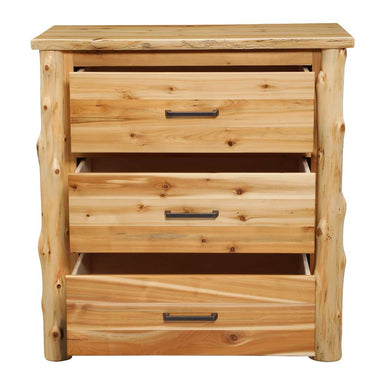 Fireside Lodge Cedar Log Headwaters Three Drawer Chest is shown from the front with drawers partially open, emphasizing its spacious design