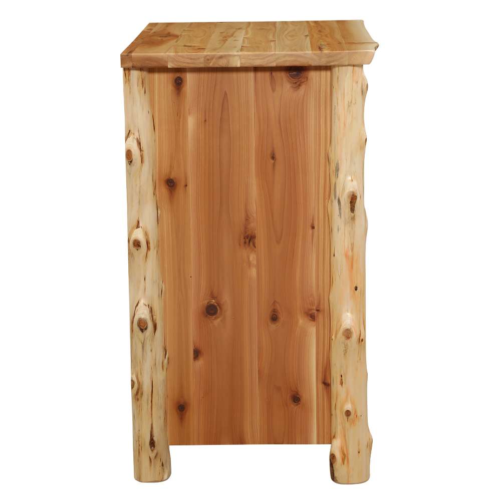 Fireside Lodge Cedar Log Headwaters Three Drawer Chest is shown from the side, highlighting its solid cedar panel and rounded log legs