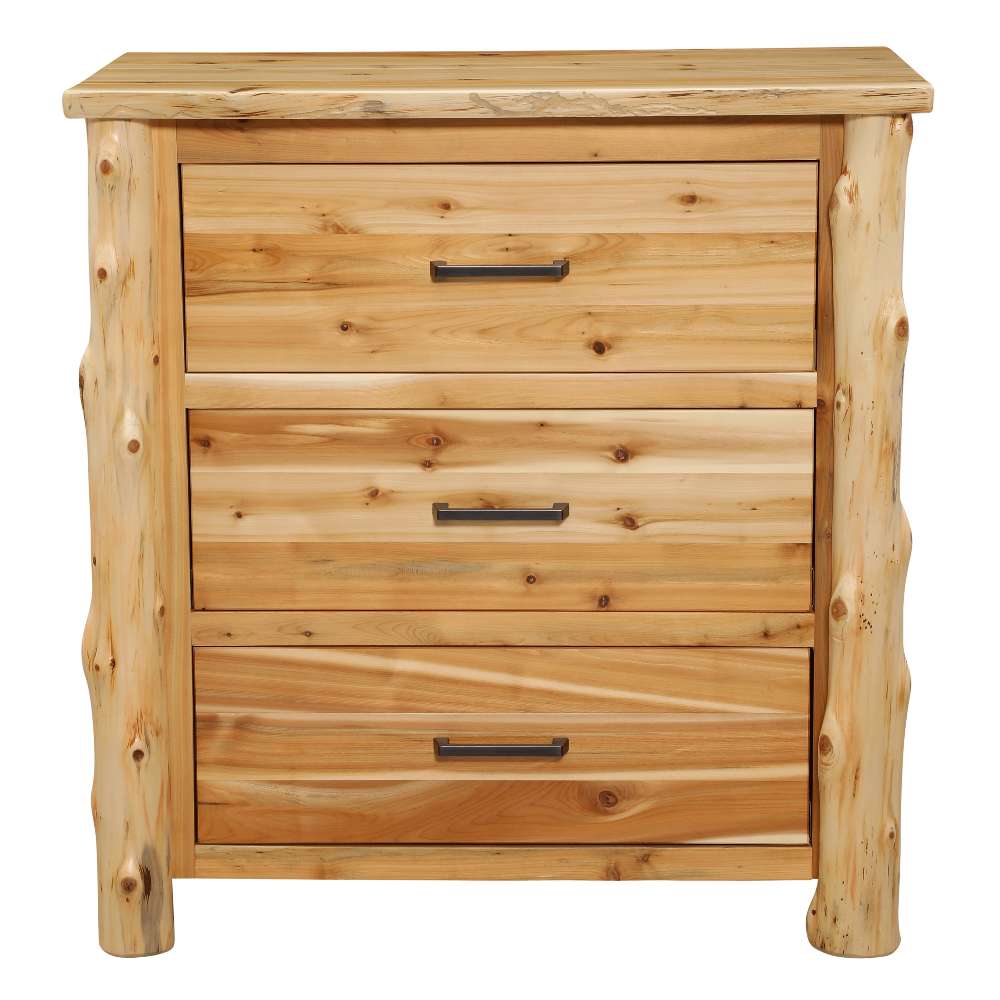 Fireside Lodge Cedar Log Headwaters Three Drawer Chest is shown straight on, featuring three wide drawers framed by sturdy cedar logs