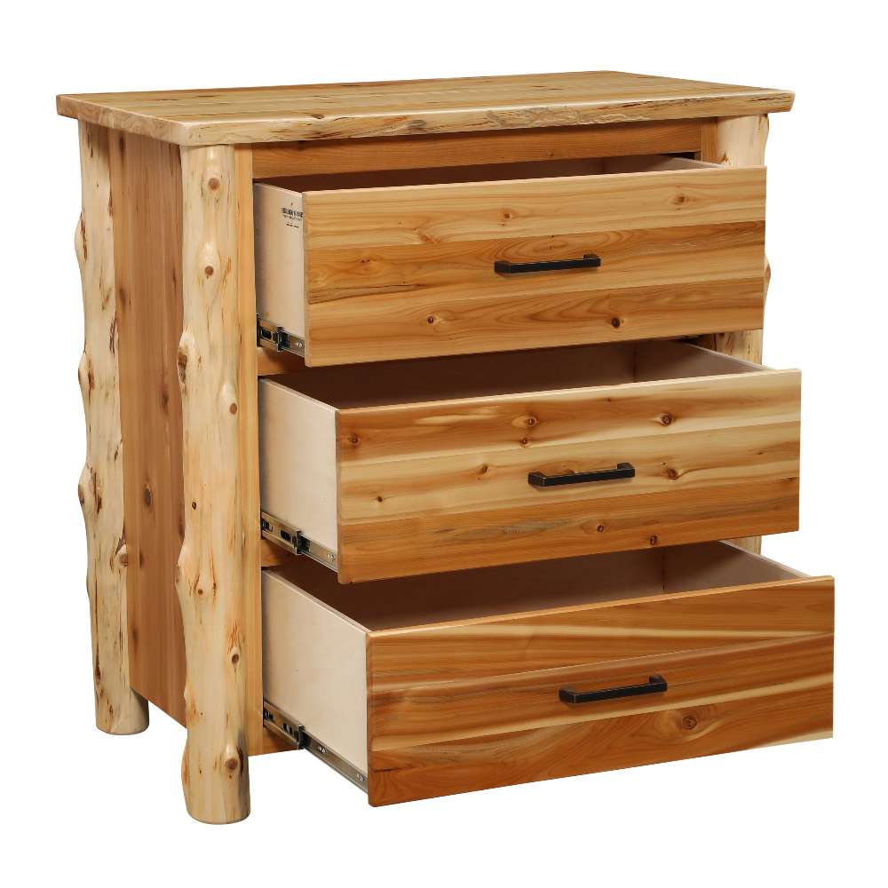 Fireside Lodge Cedar Log Headwaters Three Drawer Chest is shown with all three drawers open, revealing deep storage space and smooth wood interiors