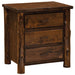 Fireside Lodge Cedar Log Headwaters XL Three Drawer Nightstand shows a rustic cedar nightstand with three closed drawers, thick log-style legs, and a dark wood finish