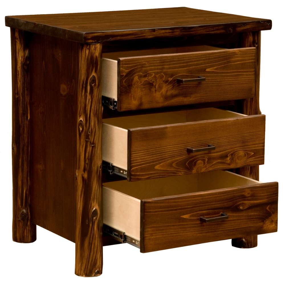 Fireside Lodge Cedar Log Headwaters XL Three Drawer Nightstand shows the same nightstand with all three drawers open, revealing light interiors and metal drawer slides