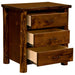 Fireside Lodge Cedar Log Headwaters XL Three Drawer Nightstand shows the same nightstand with all three drawers open, revealing light interiors and metal drawer slides