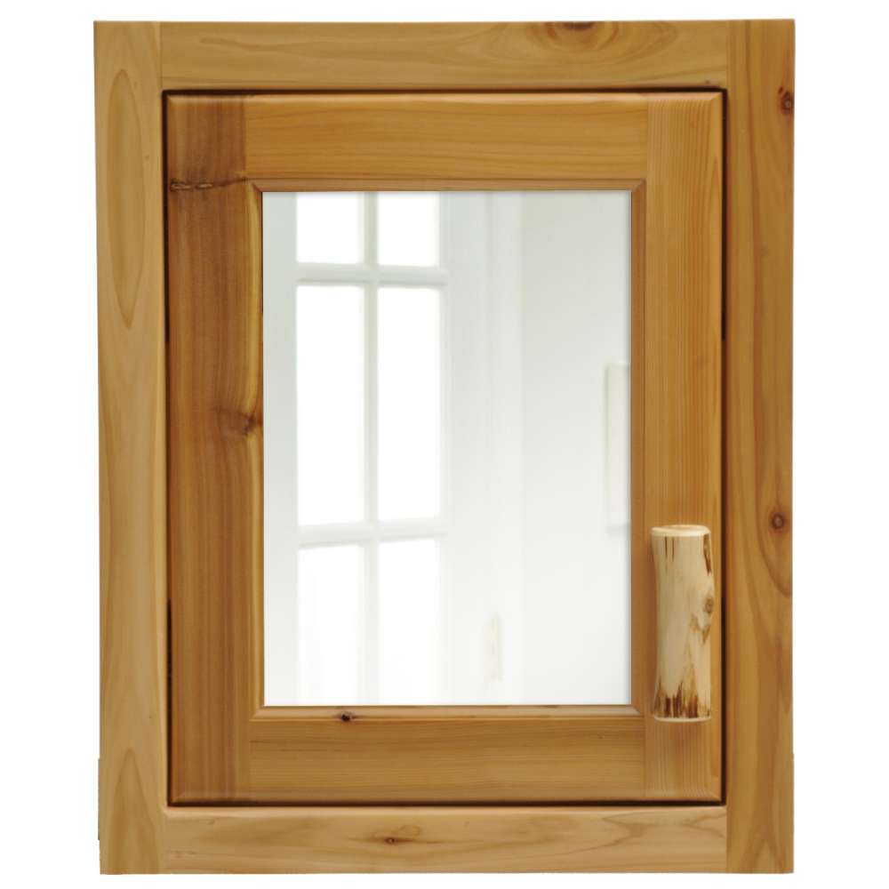 Fireside Lodge Cedar Log Inset Medicine Cabinet rustic cedar cabinet with square mirror and log-style handle for a cabin-inspired bathroom