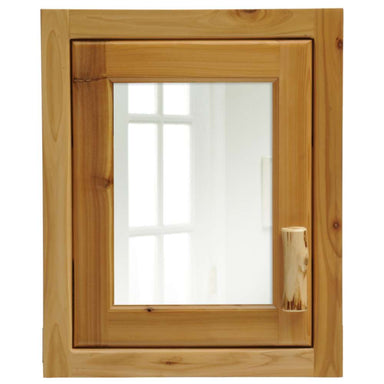 Fireside Lodge Cedar Log Inset Medicine Cabinet rustic cedar cabinet with square mirror and log-style handle for a cabin-inspired bathroom