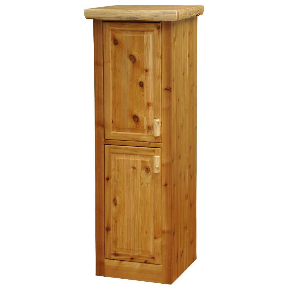 Fireside Lodge Cedar Log Linen Cabinet - 24-Inch Width tall cedar cabinet with two stacked doors and a thick rustic top shown closed