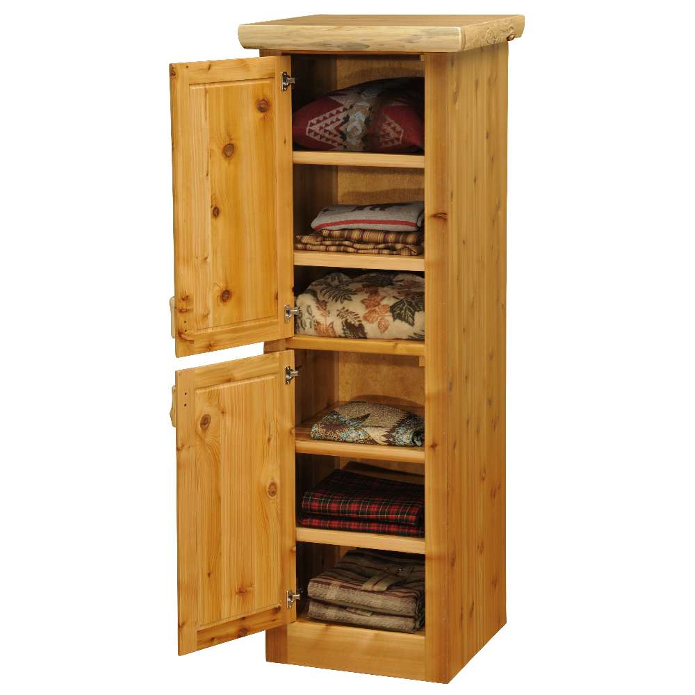 Fireside Lodge Cedar Log Linen Cabinet - 30-Inch Width with both doors open showing multiple shelves filled with folded blankets and linens