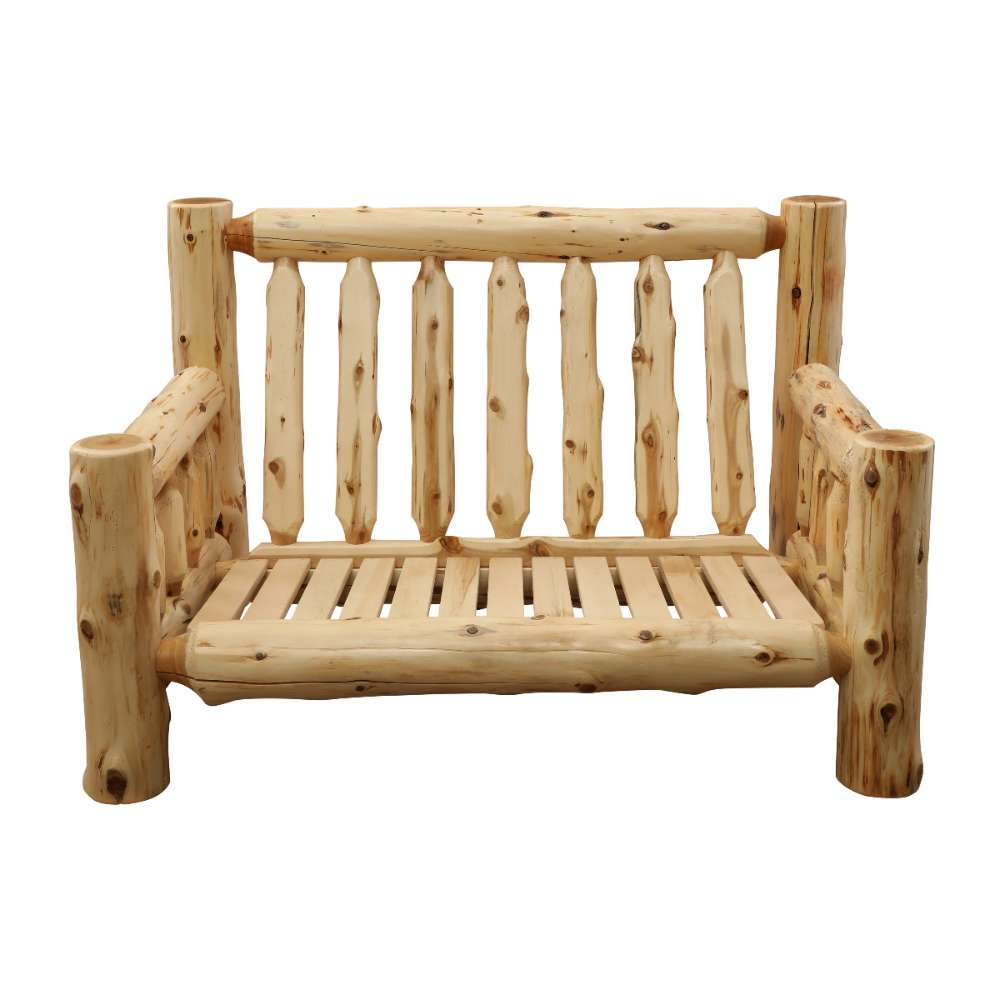 Fireside Lodge Cedar Log Loveseat is displayed with only the bare cedar-log frame, showing its slatted cedar seat base and evenly spaced log spindles along the back
