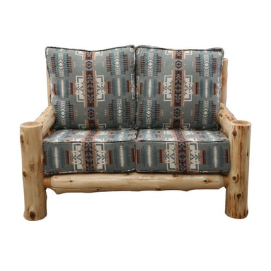 Fireside Lodge Cedar Log Loveseat is pictured from the front, featuring two large patterned seat cushions and two matching back cushions framed by smooth, rounded cedar logs