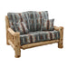 Fireside Lodge Cedar Log Loveseat is shown with thick natural log arms and backrest, topped with plush cushions in a Southwestern geometric pattern