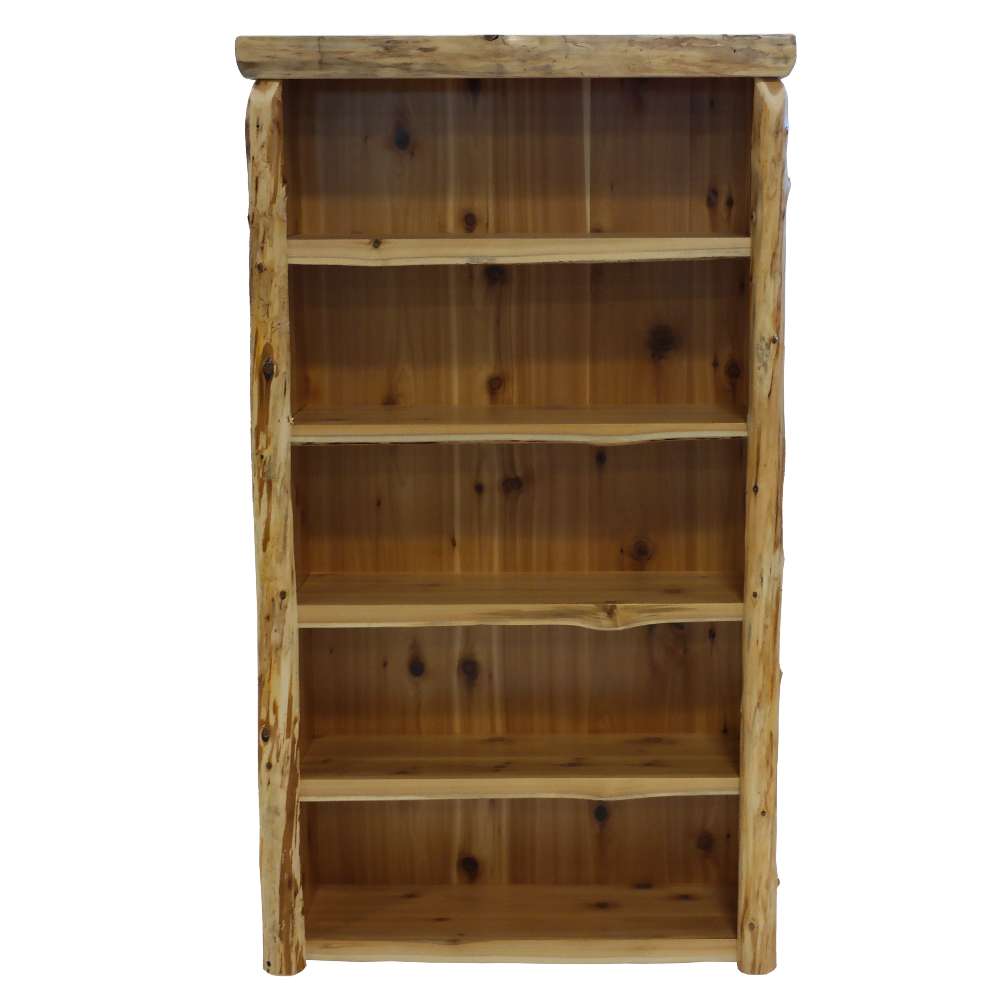 Fireside Lodge Cedar Log Medium Bookshelf is a tall rustic bookshelf made of light cedar logs with visible knots and four open shelves