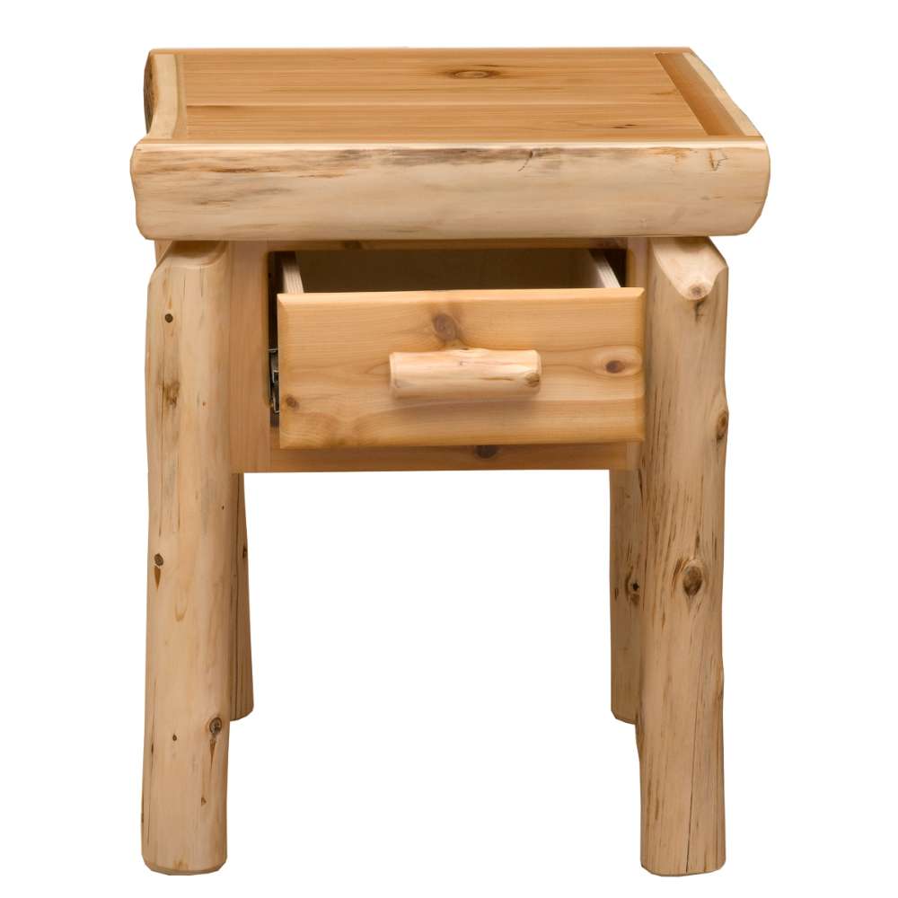Fireside Lodge Cedar Log One Drawer Nightstand appears with the drawer partially open, showing its solid wood build