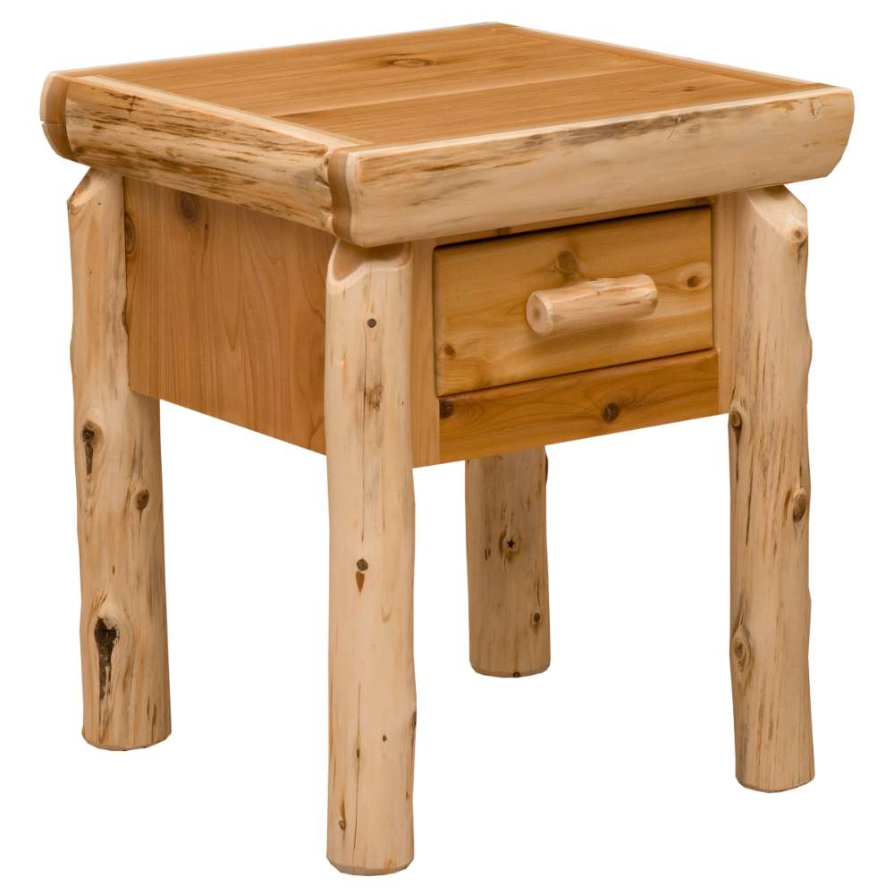 Fireside Lodge Cedar Log One Drawer Nightstand is a rustic wooden table with thick log legs, a square top, and one small drawer