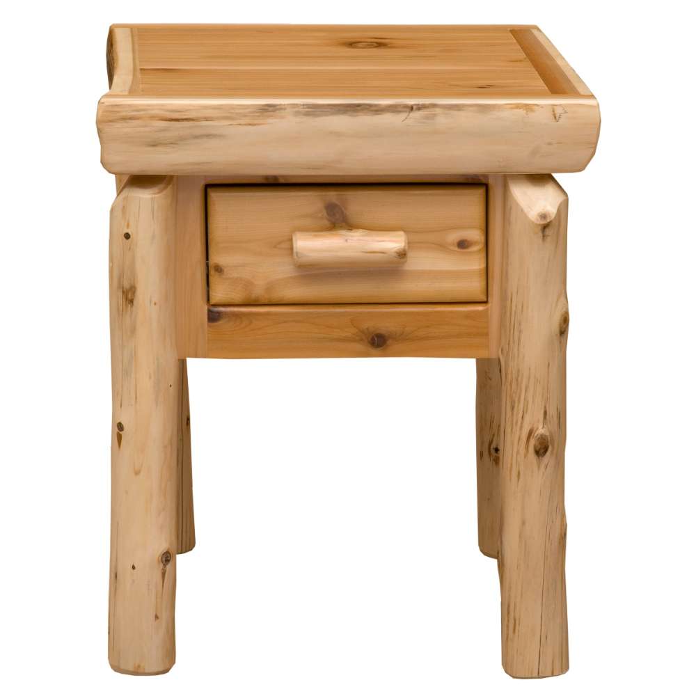 Fireside Lodge Cedar Log One Drawer Nightstand is shown from the front with a centered drawer and sturdy log-style legs