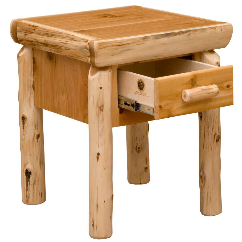 Fireside Lodge Cedar Log One Drawer Nightstand is shown with its single drawer open, revealing a plain wooden interior