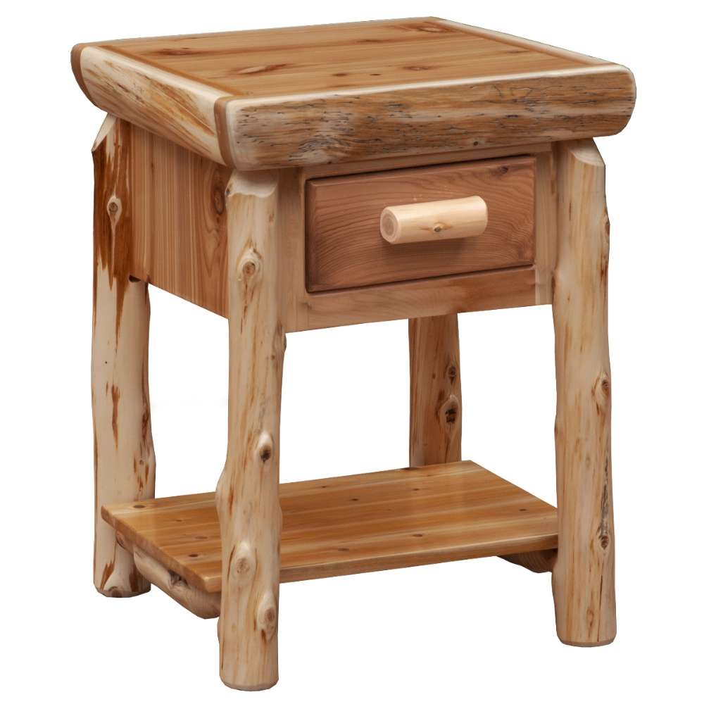 Fireside Lodge Cedar Log One Drawer Nightstand with Shelf is a rustic cedar nightstand with a square top, one drawer with a log pull, and an open shelf below