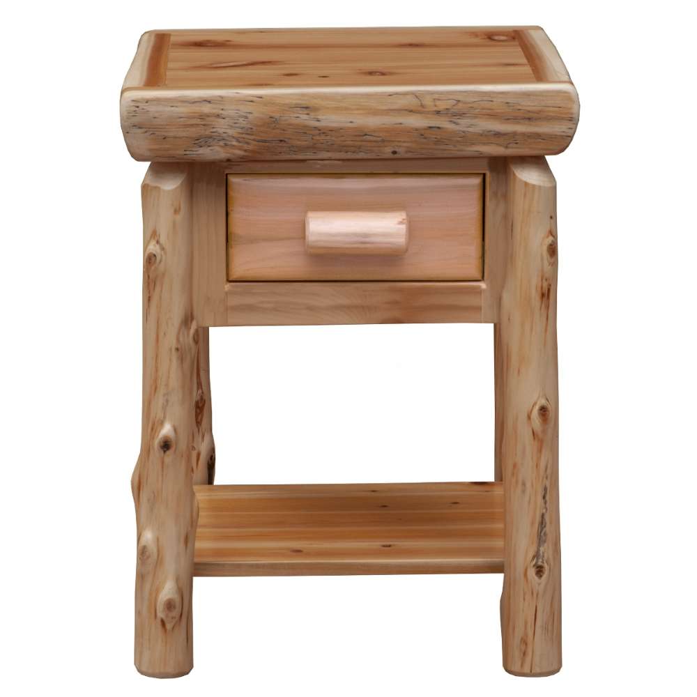 Fireside Lodge Cedar Log One Drawer Nightstand with Shelf is shown from the front, featuring a centered drawer, natural wood grain, and an open lower shelf
