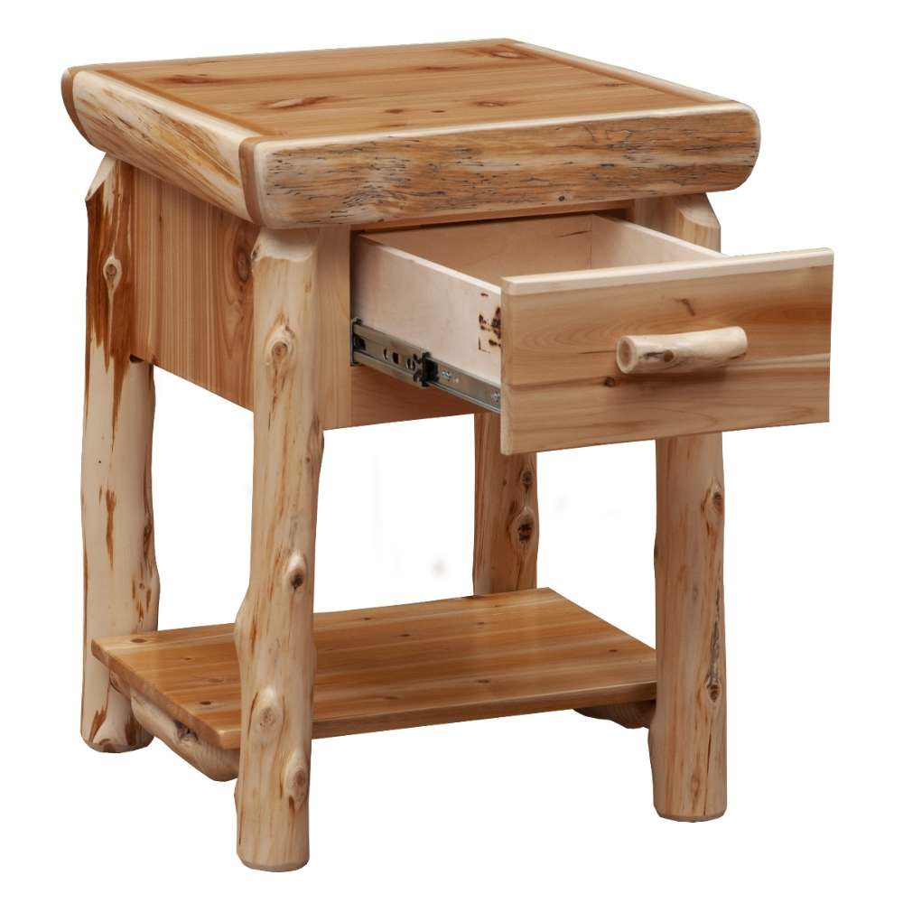 Fireside Lodge Cedar Log One Drawer Nightstand with Shelf with its single drawer pulled open, revealing simple storage beneath the thick cedar top