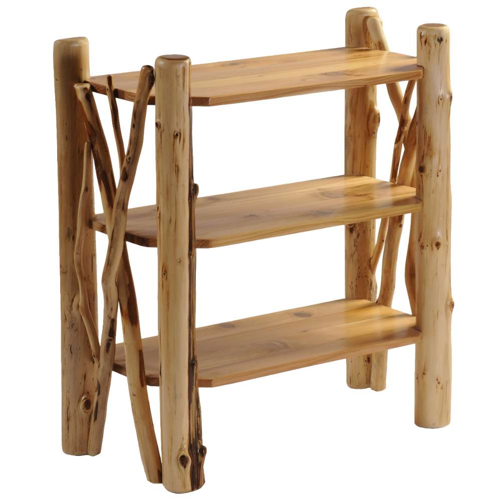 Fireside Lodge Cedar Log Open Bookshelf With Twig Accents is a three-tier rustic bookshelf made of thick cedar logs with visible knots and branch-style side supports