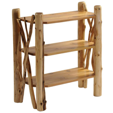Fireside Lodge Cedar Log Open Bookshelf With Twig Accents is a three-tier rustic bookshelf made of thick cedar logs with visible knots and branch-style side supports