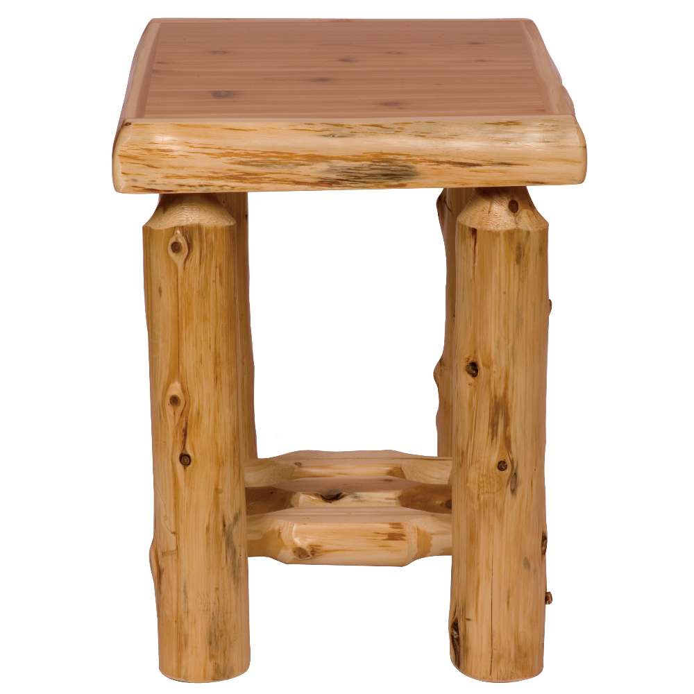 Fireside Lodge Cedar Log Open Nightstand is a rustic cedar log nightstand with a smooth solid wood top, thick log legs, and an open shelf in a light natural wood tone