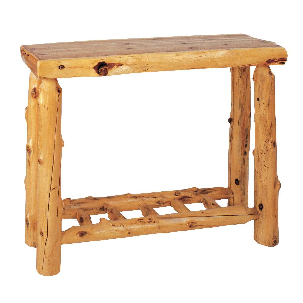 Fireside Lodge Cedar Log Open Sofa Table is a rustic cedar log table with a smooth top and an open slatted shelf underneath