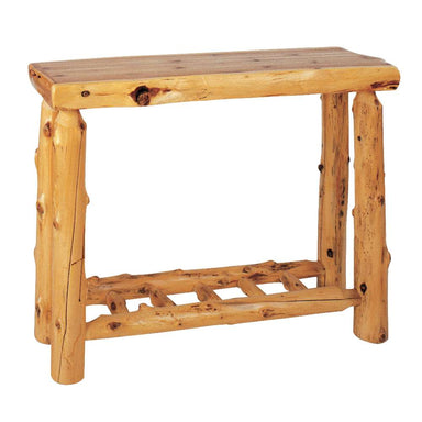 Fireside Lodge Cedar Log Open Sofa Table is a rustic cedar log table with a smooth top and an open slatted shelf underneath