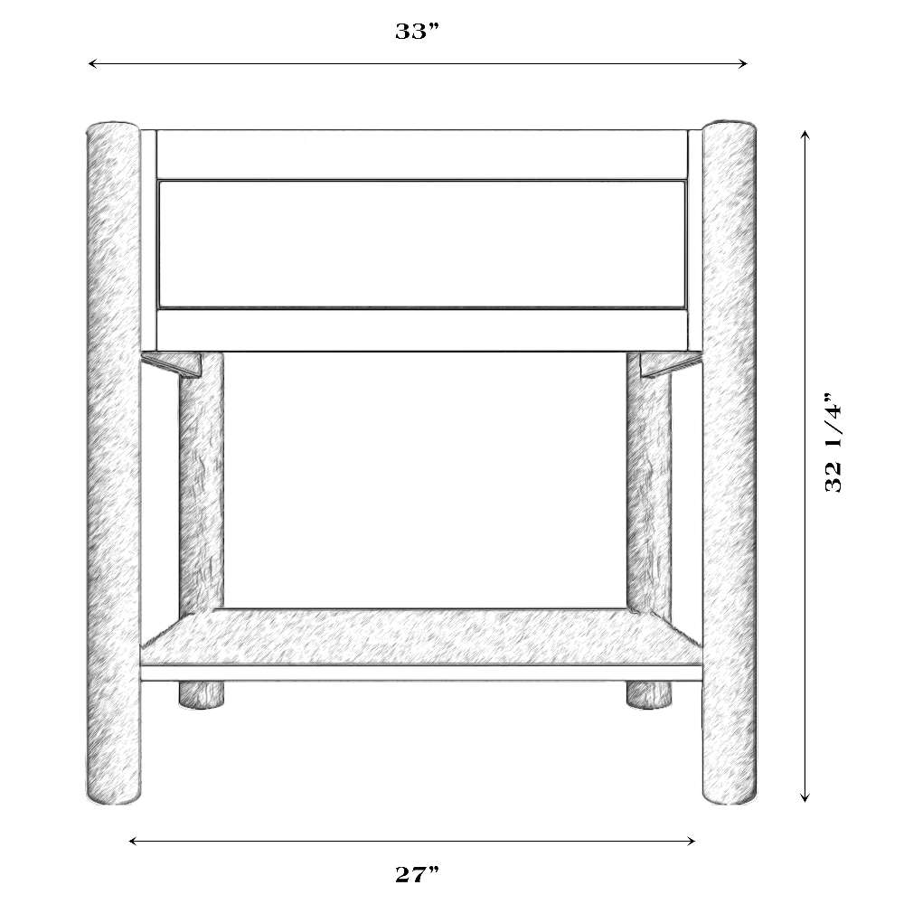 Fireside Lodge Cedar Log Open Vanity Base Only dimension drawing showing a rustic log vanity design measuring about 33 inches wide and 32¼ inches tall