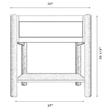 Fireside Lodge Cedar Log Open Vanity with Towel Bar Base Only dimension diagram showing a rustic log vanity frame measuring about 33 inches wide, 27 inches deep, and 32¼ inches high
