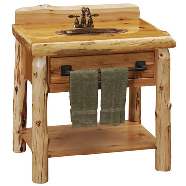 Fireside Lodge Cedar Log Open Vanity with Towel Bar Base Only rustic cedar log bathroom vanity with sink, drawer, front towel bar with two towels, and open storage shelf below