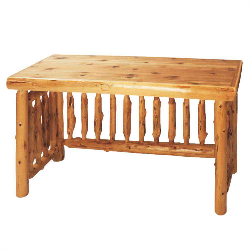 Fireside Lodge Cedar Log Open Writing Desk is shown as a rustic wooden desk made from thick cedar logs with a smooth rectangular top and natural knots