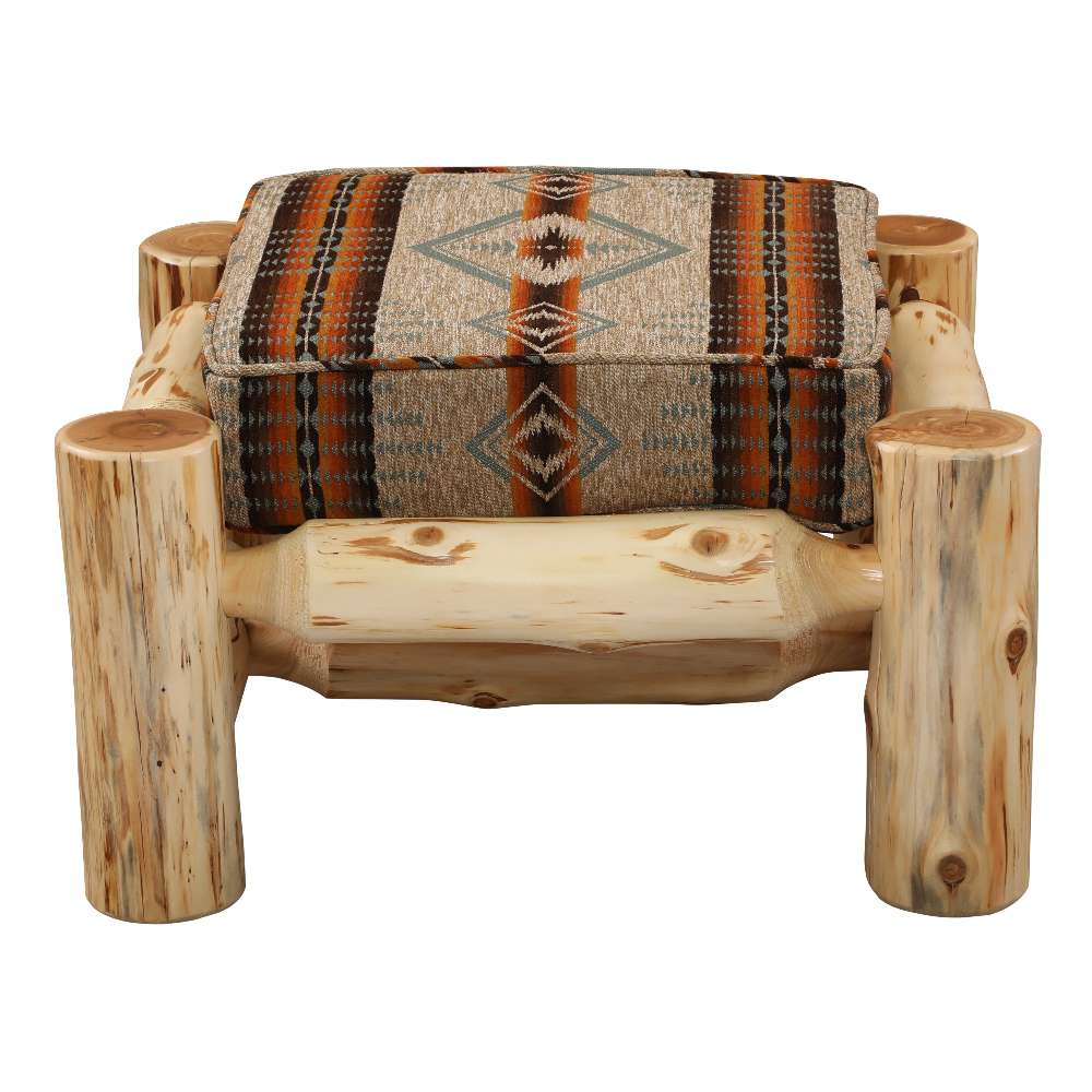 Fireside Lodge Cedar Log Ottoman from the front, featuring its patterned cushion sitting securely on a rustic cedar log base