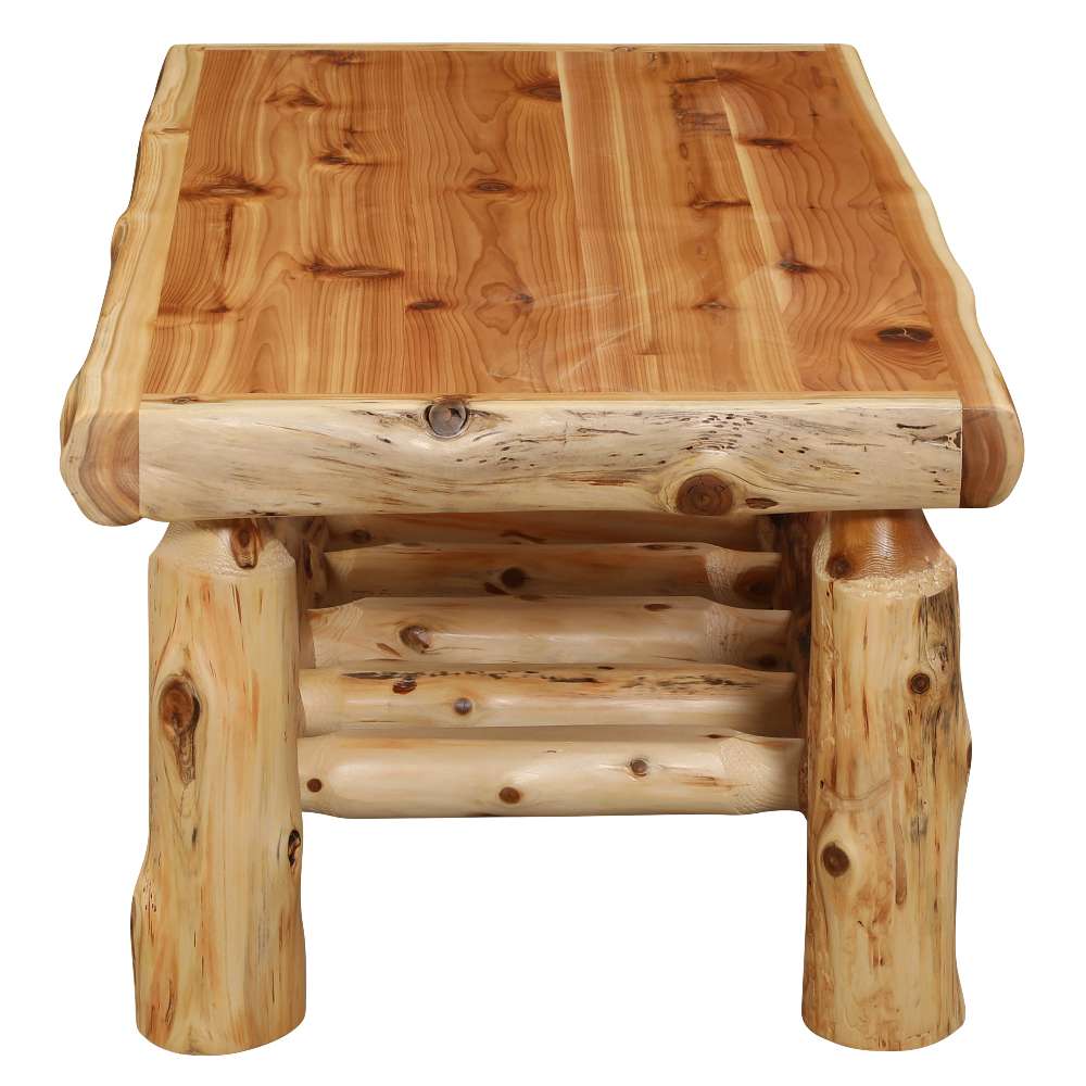 Fireside Lodge Cedar Log Rectangle Coffee Table - 40" x 20" from the side, with a smooth natural cedar top and rounded log edges