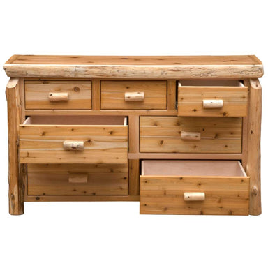 Fireside Lodge Cedar Log Seven Drawer Dresser shown from the front with drawers open, highlighting the drawer layout and log-style wooden pulls