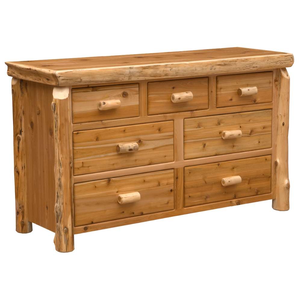 Fireside Lodge Cedar Log Seven Drawer Dresser shown fully assembled with seven closed drawers, a thick log-style top, and rustic cedar wood construction