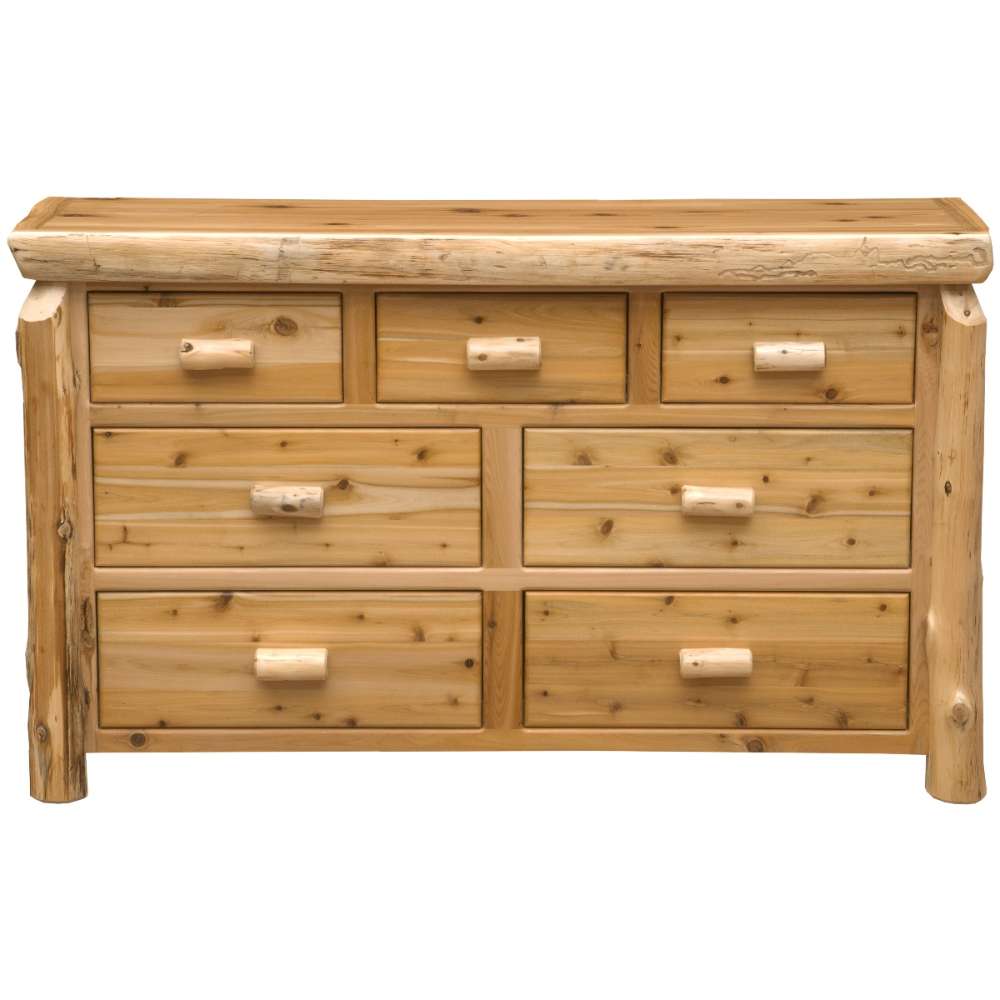 Fireside Lodge Cedar Log Seven Drawer Dresser shown straight on with all drawers closed and a wide rustic top surface