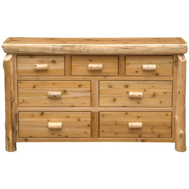 Fireside Lodge Cedar Log Seven Drawer Dresser shown straight on with all drawers closed and a wide rustic top surface