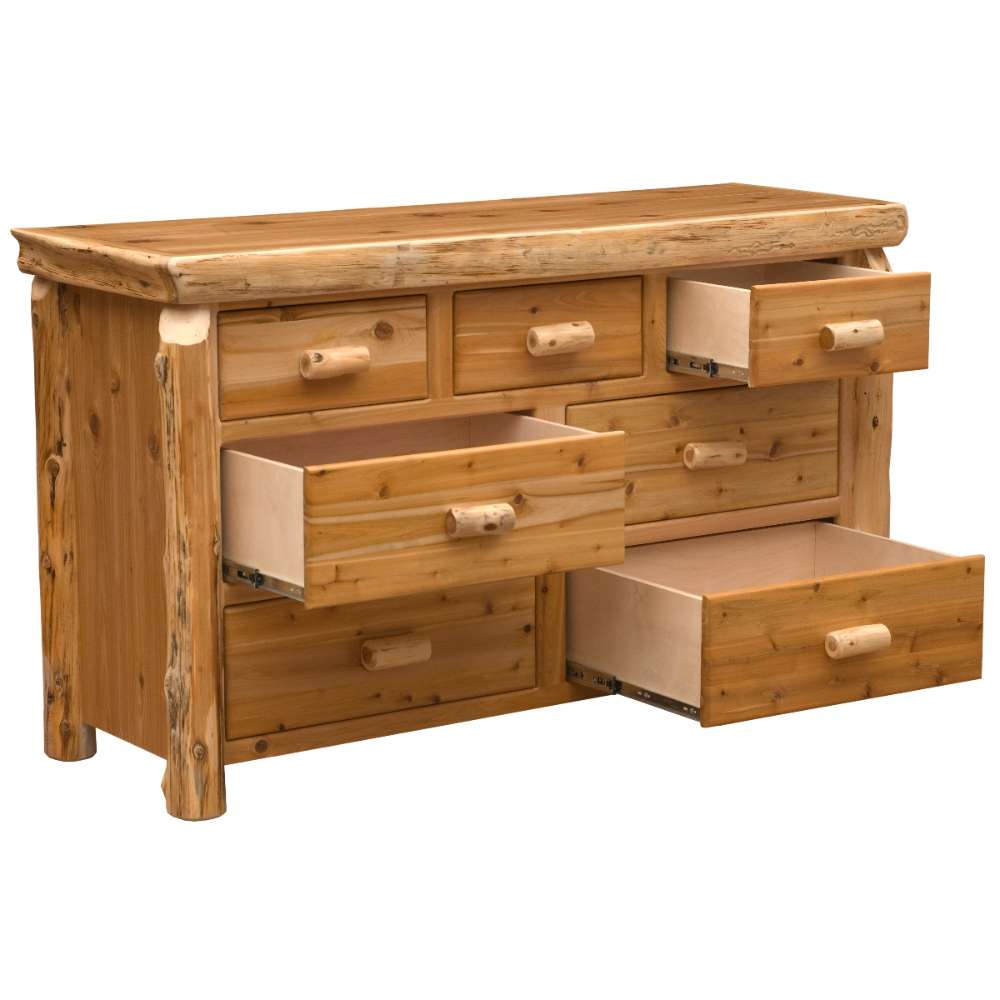 Fireside Lodge Cedar Log Seven Drawer Dresser shown with multiple drawers open to display deep storage space inside the solid cedar frame