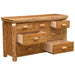 Fireside Lodge Cedar Log Seven Drawer Dresser shown with multiple drawers open to display deep storage space inside the solid cedar frame