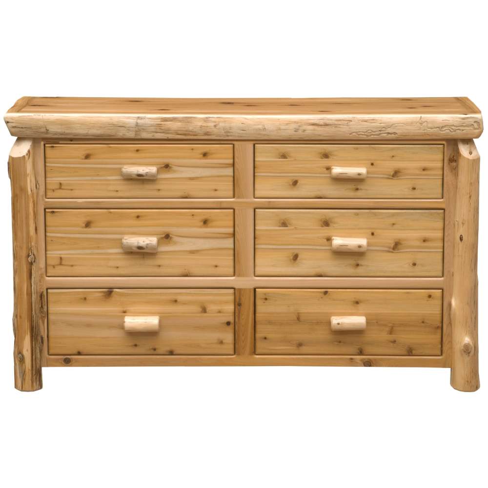 Fireside Lodge Cedar Log Six Drawer Dresser shown from the front with six wide drawers, log-style pulls, and a smooth rustic cedar top