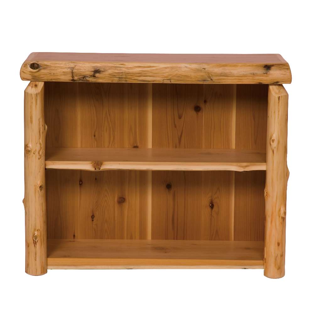 Fireside Lodge Cedar Log Small Bookshelf is shown as a rustic cedar log bookshelf with a natural wood frame, rounded log sides, and two open shelves for storage.