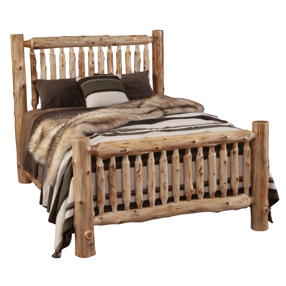 Fireside Lodge Cedar Log Small Spindle Bed is fully assembled with neutral bedding, highlighting its tall log headboard and natural wood texture