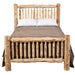 Fireside Lodge Cedar Log Small Spindle Bed is shown from the front with bedding, focusing on the rounded cedar posts and spindle footboard