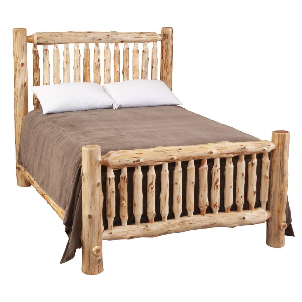 Fireside Lodge Cedar Log Small Spindle Bed is shown neatly made, emphasizing the smooth cedar finish and rustic spindle design