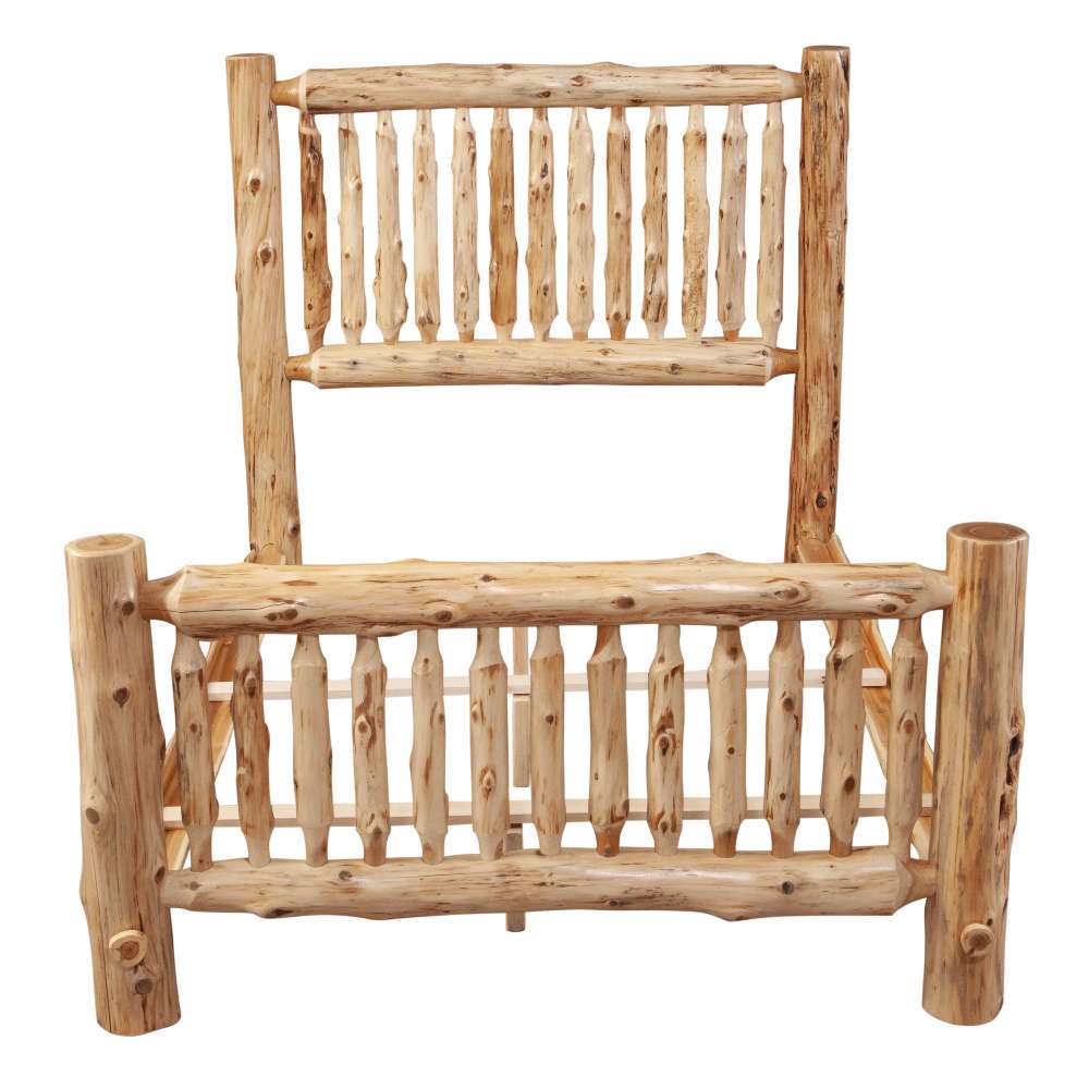 Fireside Lodge Cedar Log Small Spindle Bed is shown without bedding, clearly displaying the solid cedar log frame and vertical spindles