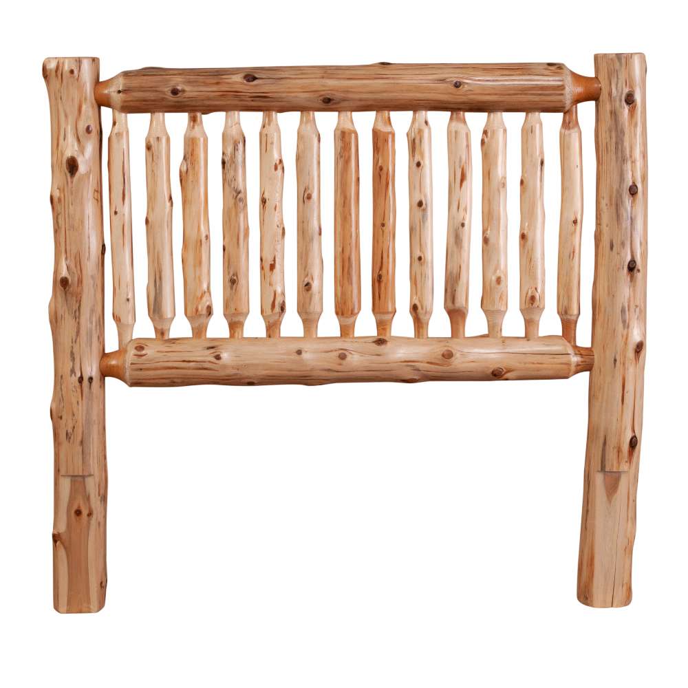 Fireside Lodge Cedar Log Small Spindle Headboard shown alone, highlighting the handcrafted cedar log posts and evenly spaced vertical spindles