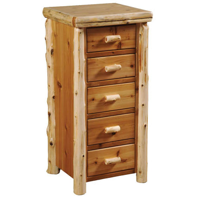 Fireside Lodge Cedar Log Storage Chest is a tall, narrow cedar chest with five stacked drawers and rounded log-style handles and trim